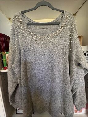 torrid Grey Pearl-Embellished Scoop Neck Sweater